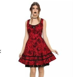 HotTopic Whimsigoth Lace Womens size Large Babydoll Milkmaid Flocked Skull Dress